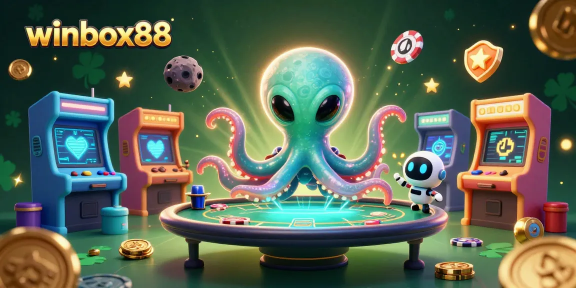 Winbox88 showcases an alien octopus at a holographic poker table, highlighting an engaging casino scene.