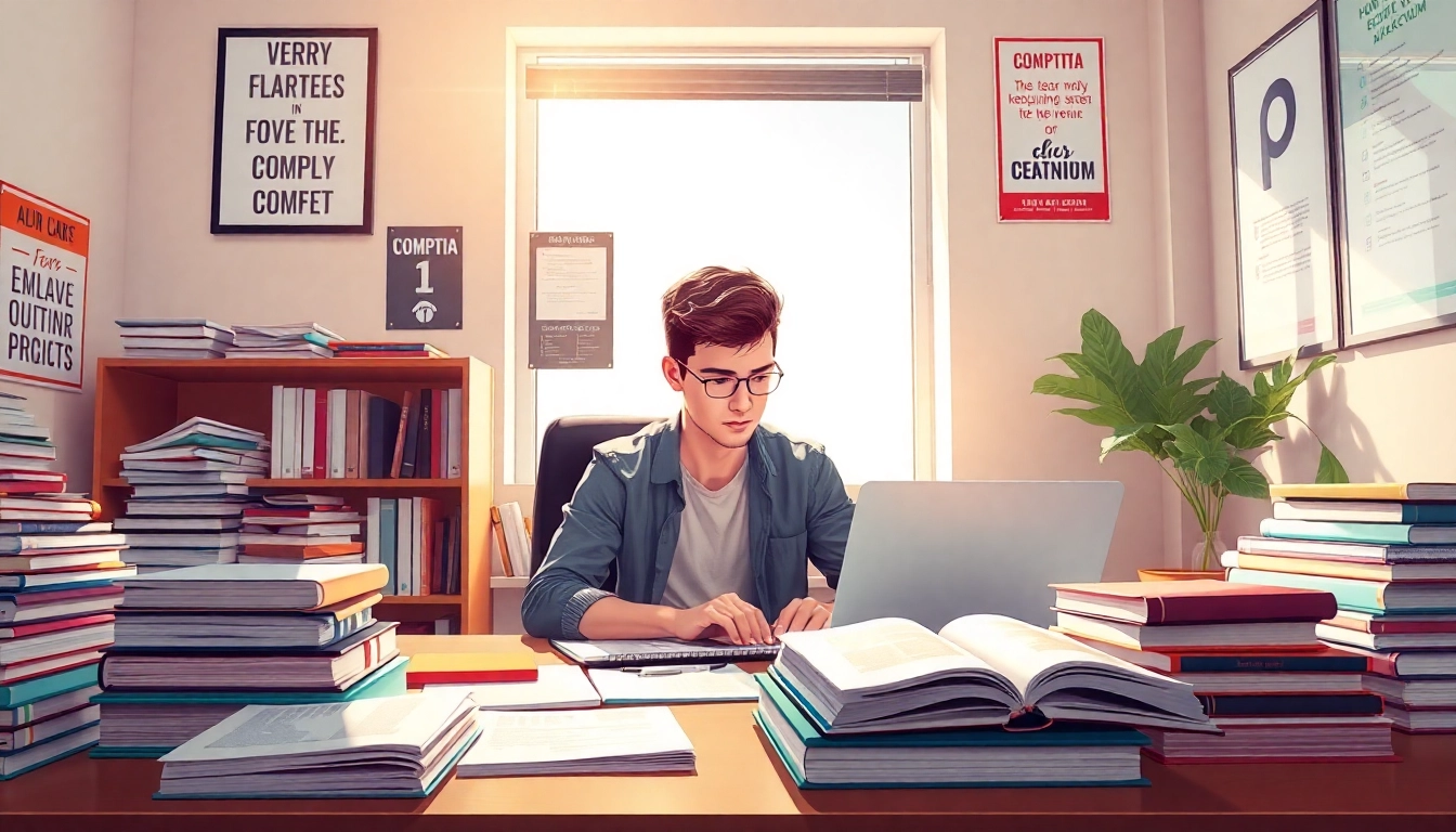 Young adult using resources for CompTIA exam assistance in a study setting.