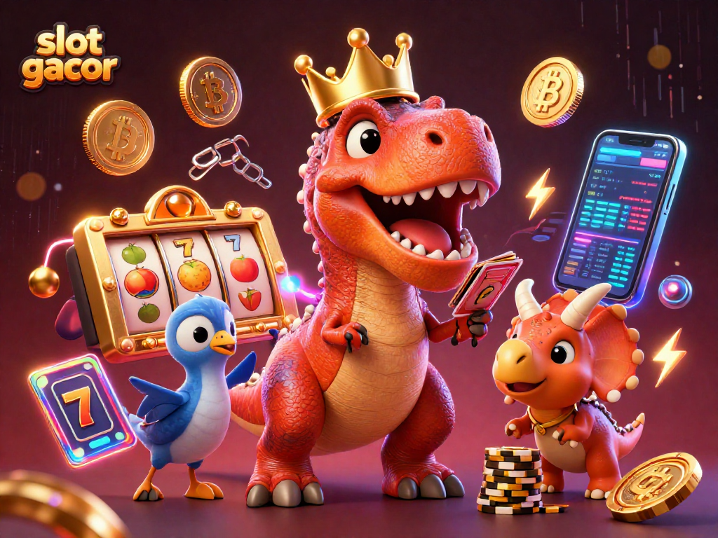 Experience thrilling slot gacor excitement with friendly cartoon dinosaurs in a vibrant 3D casino scene.