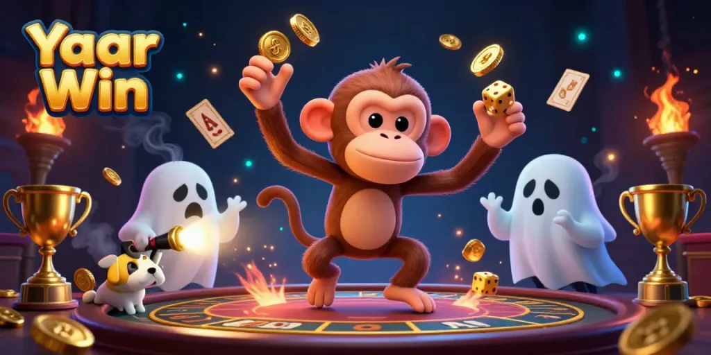 Experience Yaar Win's thrilling gaming adventure with playful characters in a vibrant casino setting.