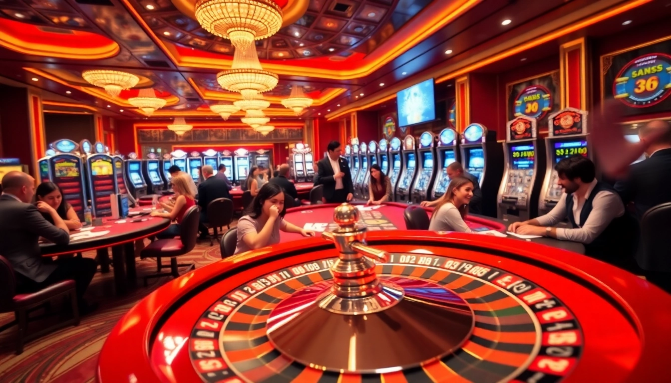 Scène excitante de casino en ligne français avec une roulette dynamique, des tables de poker, et une atmosphère de jeu animée.