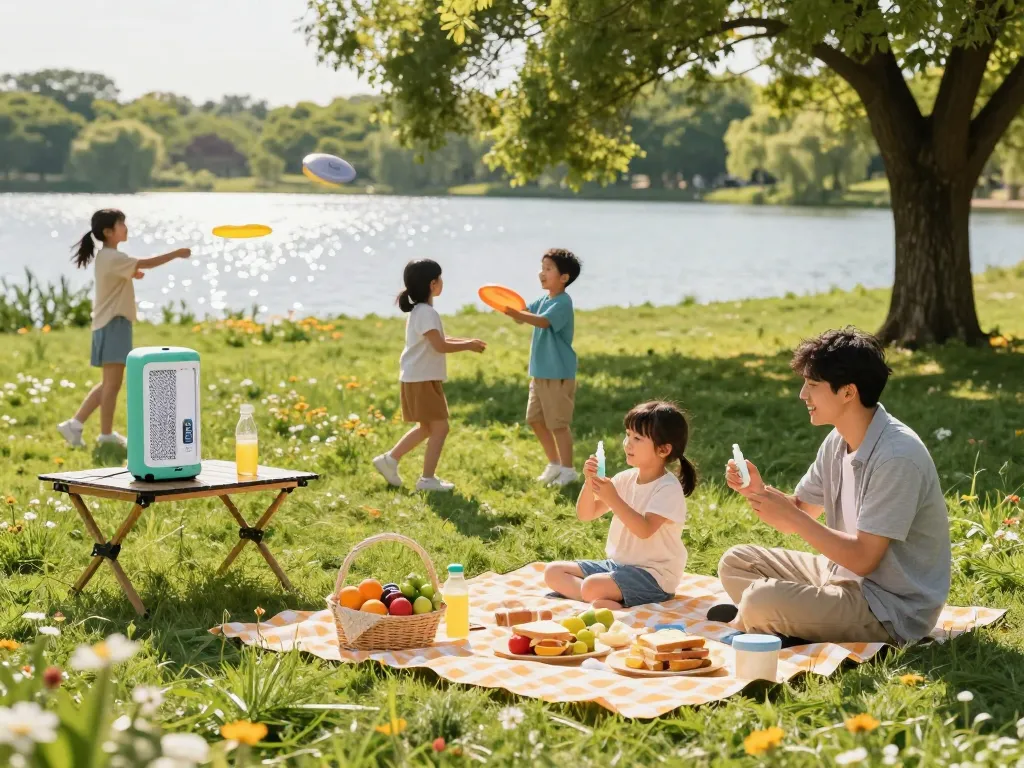 Family applying mosquito repellent during a summer picnic in a park.