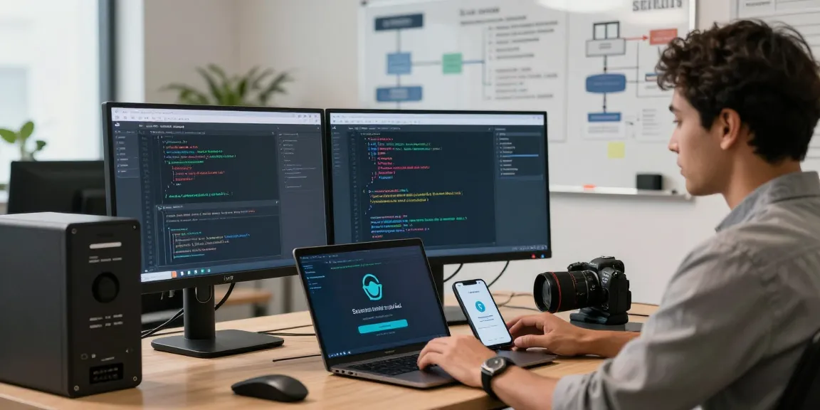 IT professional reviewing safety measures on shs-dome5.com with dual monitors and security tools.