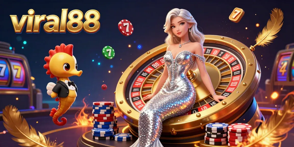 Win big with viral88 as a stunning woman elegantly poses beside a golden roulette wheel, surrounded by vibrant gaming elements.