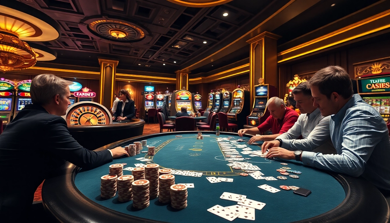 Scène de jeu engageante représentant le meilleure casino en ligne avec poker, roulette et ambiance de hautes mises.