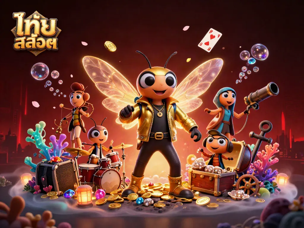 Engage with ไทย สล็อต through a vibrant 3D illustration showcasing a rock star cicada and dynamic game elements.