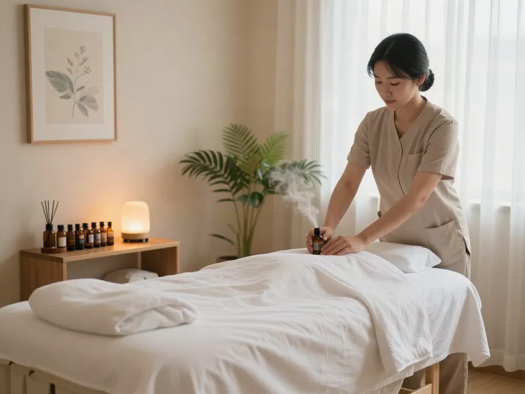 Relaxing therapy room image showcasing 노원출장마사지 with essential oils and soothing decor.