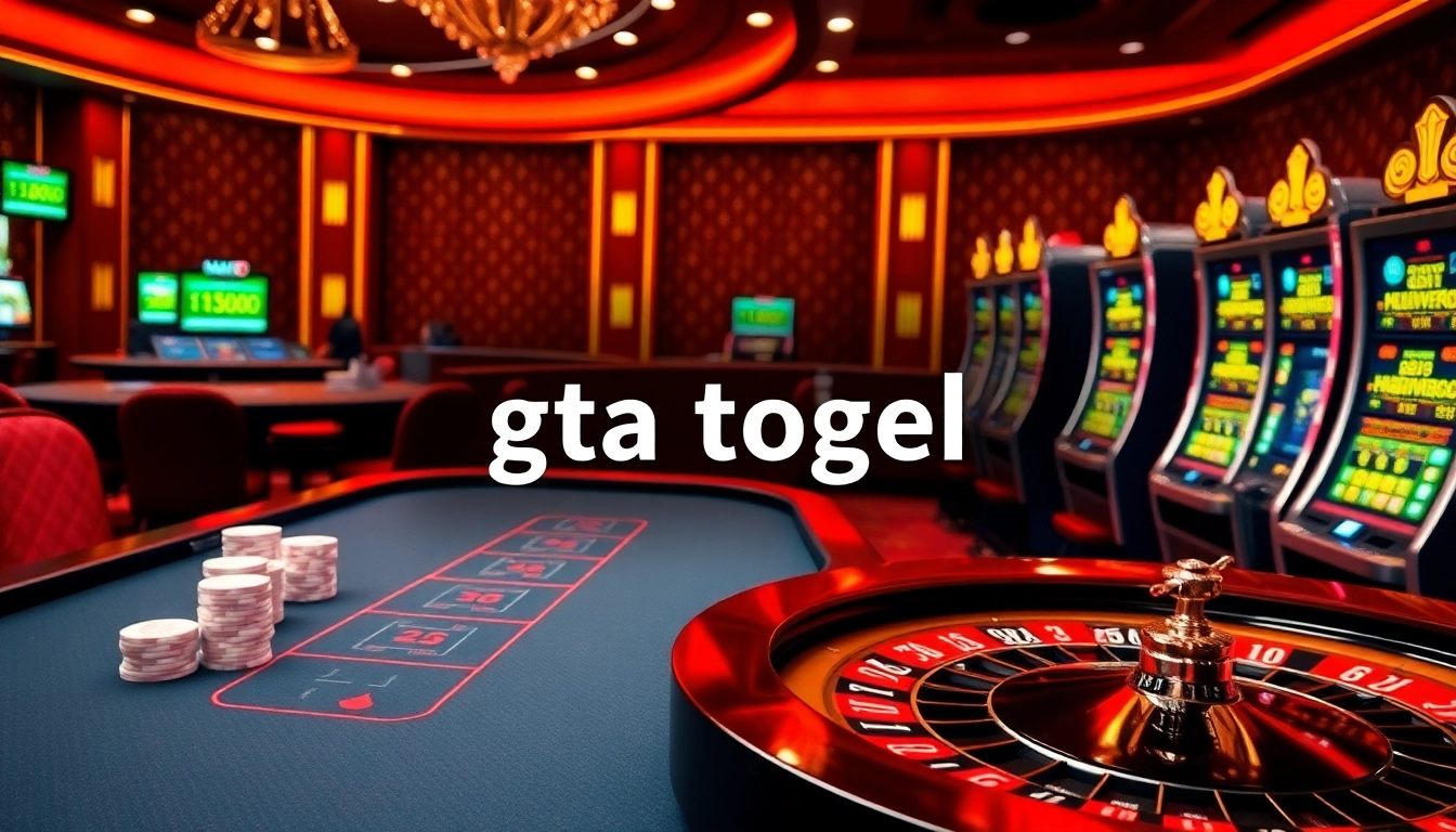Experience high-stakes gameplay with gta togel at a luxurious casino table featuring vibrant slot machines.