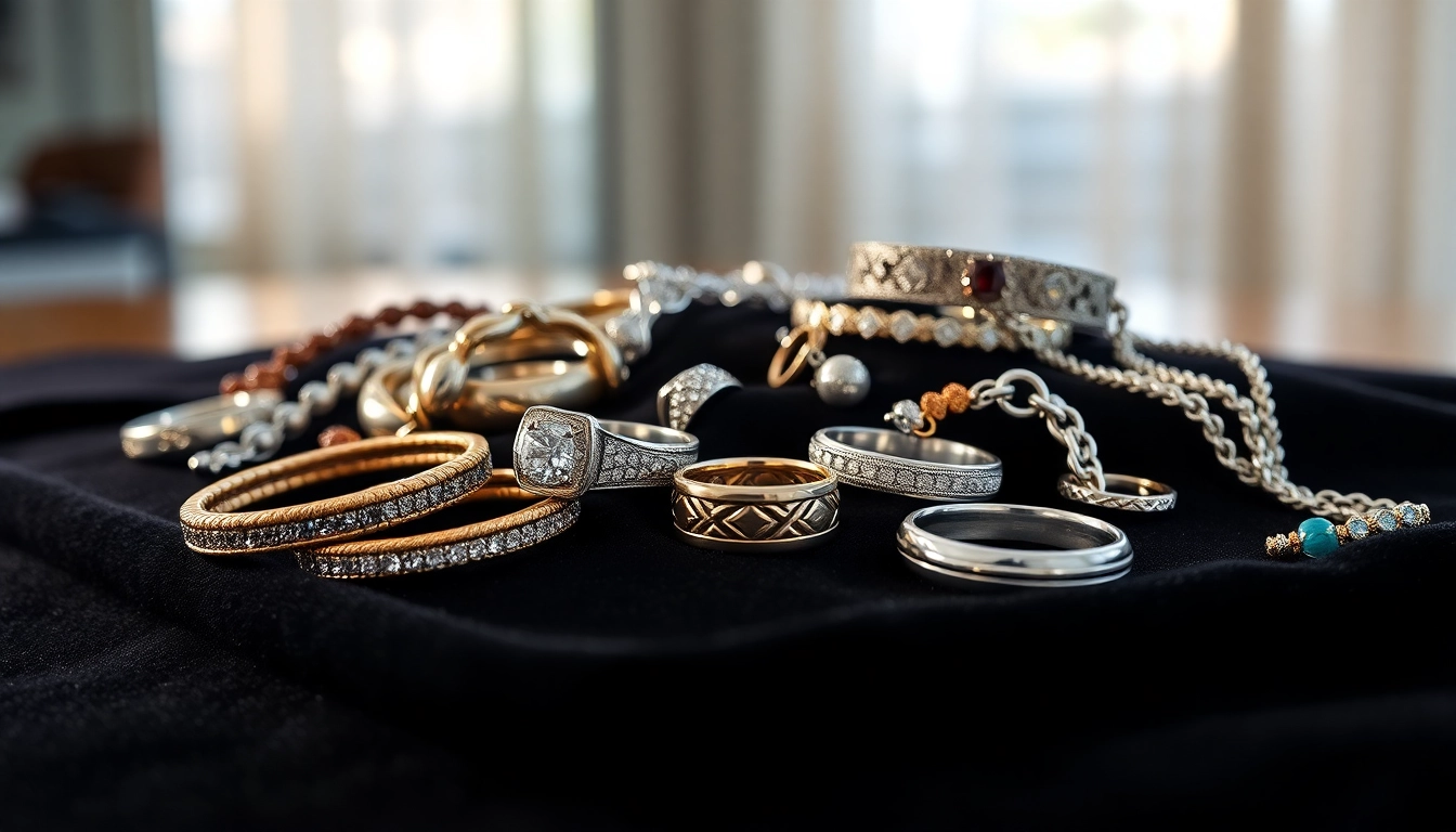 Showcase of men’s jewelry featuring elegant rings, bracelets, and necklaces on black velvet.