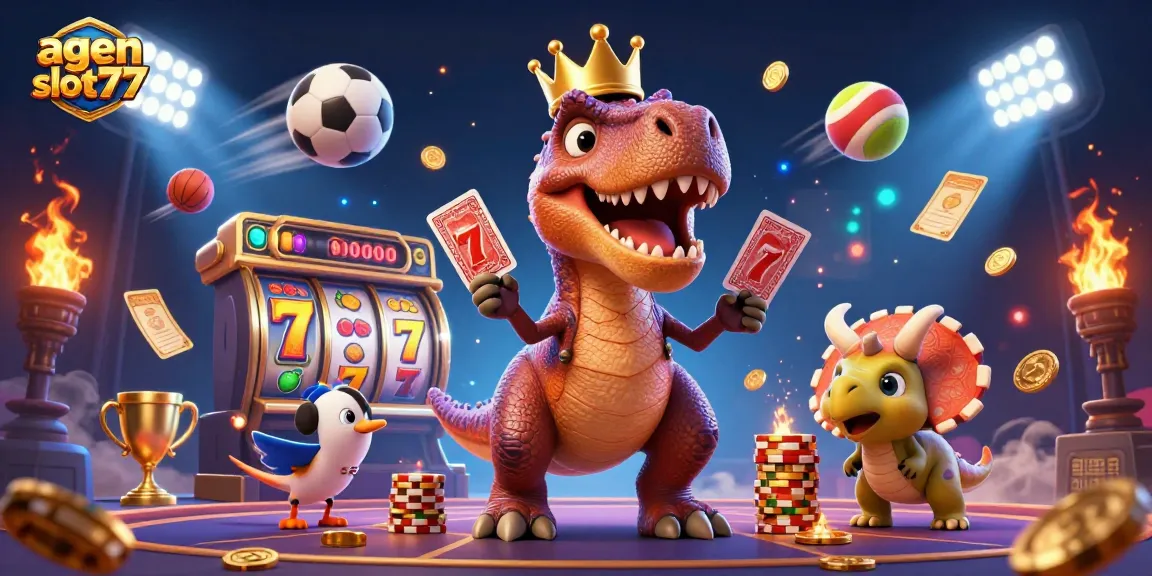 A vibrant 3D illustration of agen slot777 featuring a T-Rex card shuffling with a pterodactyl and a triceratops stacking golden chips