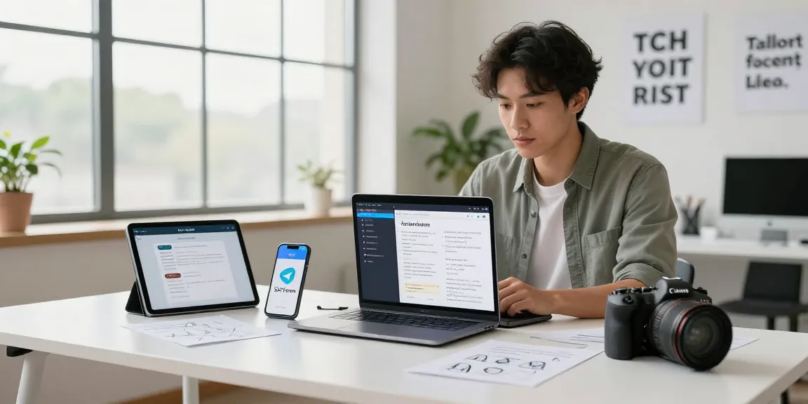 Engaging workspace with digital devices showcasing telegram中文版下载 in a modern office environment.