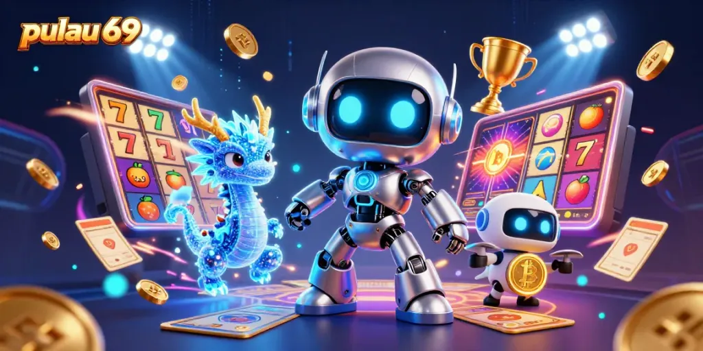 Join the fun with pulau 69 as a futuristic robot and holographic dragon explore a lively casino