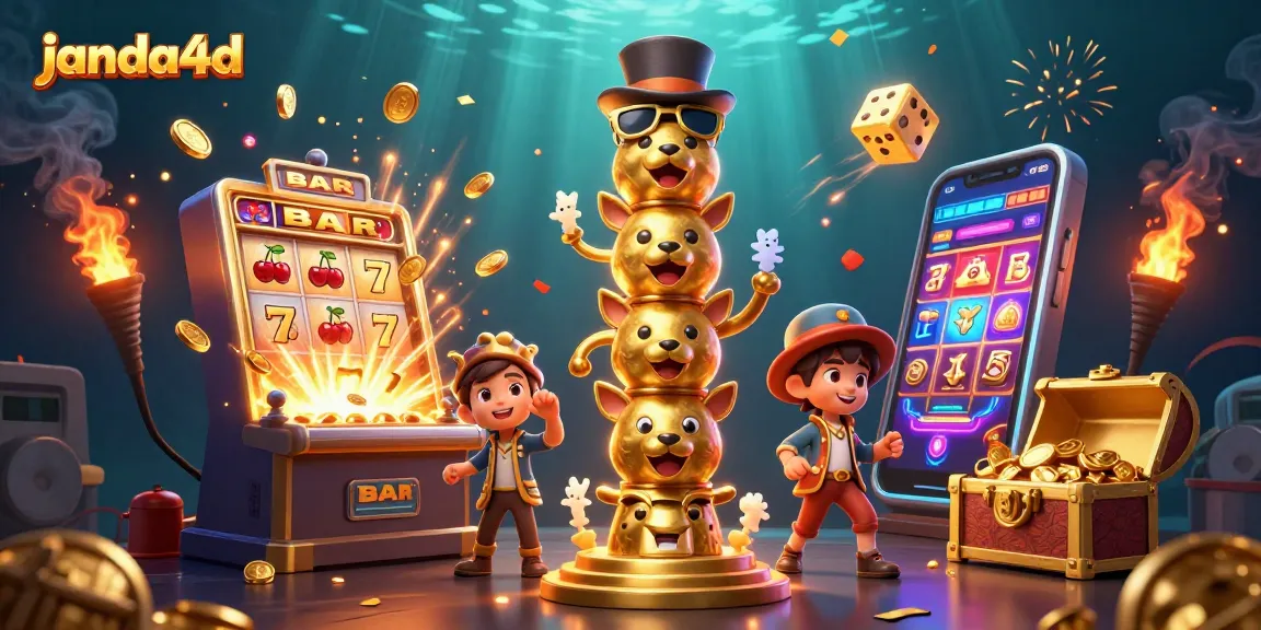 Menangkan jackpot di janda4d dengan ilustrasi slot menarik dan totem keberuntungan.
