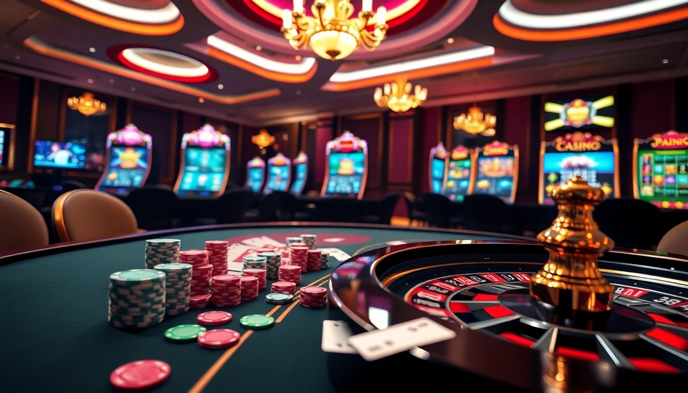 Participez à un gameplay palpitant au meilleure casino en ligne avec des jetons de poker colorés, des cartes et une roulette.