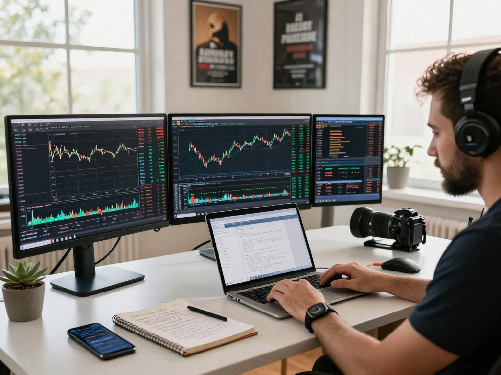Cryptocurrency trading setup featuring live charts from https://raja328argent.com/ and a motivated trader in a modern home office.