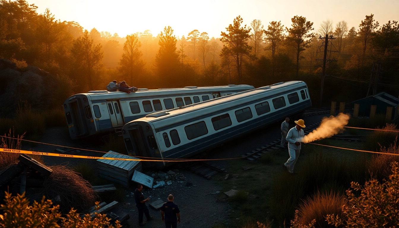 Derailment scene featuring overturned train cars and emergency response efforts in a natural setting.
