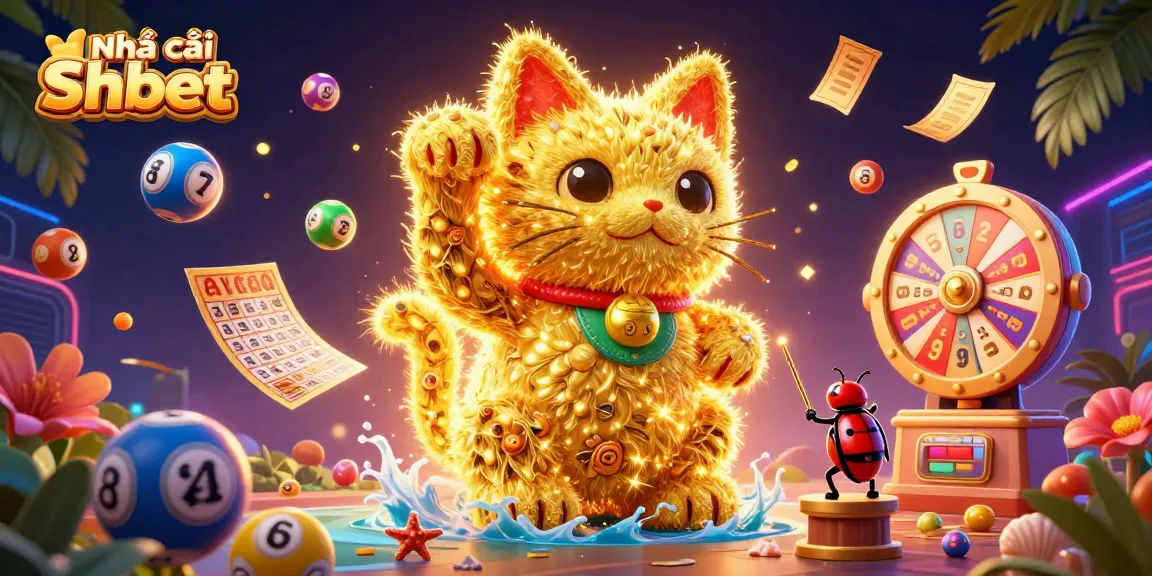 Engage with Nhà cái Shbet's vibrant gaming scene featuring a lucky cat and lottery elements in a dynamic 3D illustration.