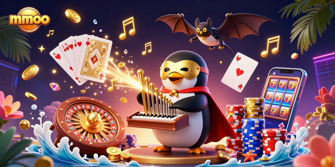 Engage with exciting mmoo casino games featuring a lively penguin organist amidst a shower of golden coins.