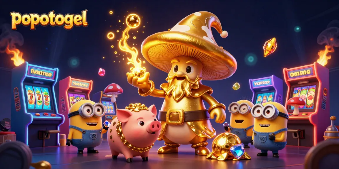 Experience the thrill of popotogel with golden wizard characters and dynamic slot game elements in a vibrant casino scene.