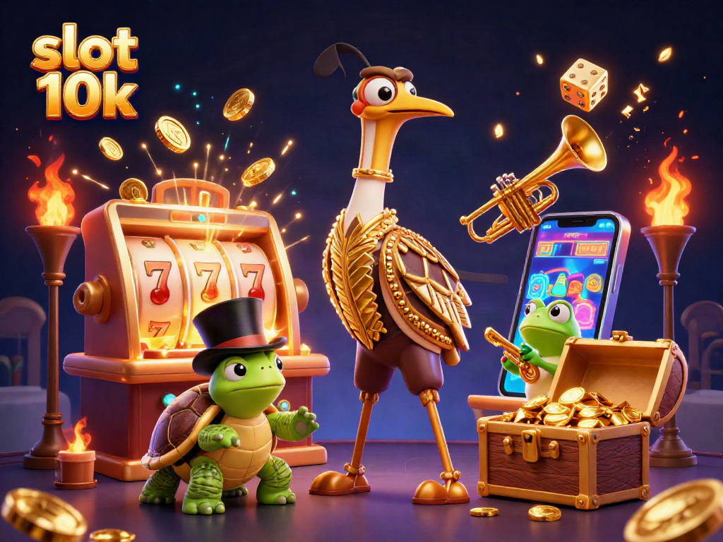 Experience the excitement of slot 10k with vibrant characters and dynamic game elements in this casino illustration.