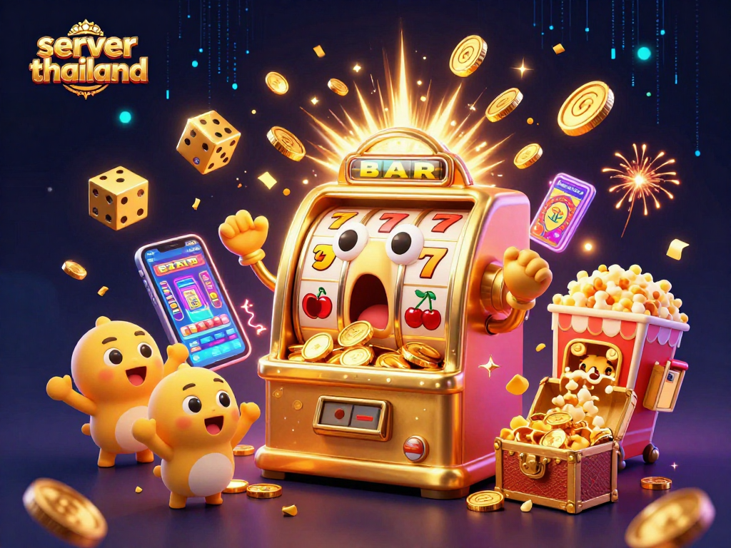 Engaging scene depicting server thailand's golden slot machine experiencing a jackpot amidst a thrilling casino environment.