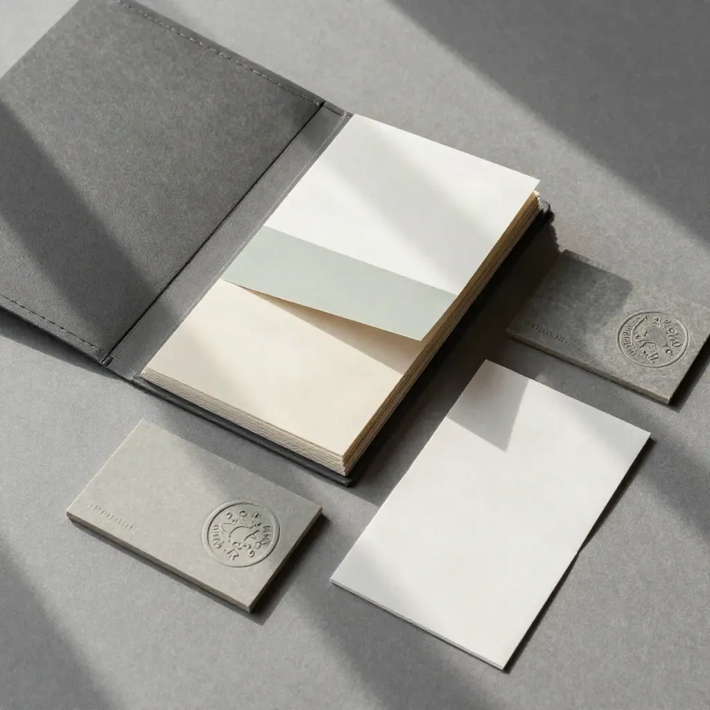 Overhead startup brand kit flatlay with folder, swatch fan, seal tile and cards on ash-grey paper.