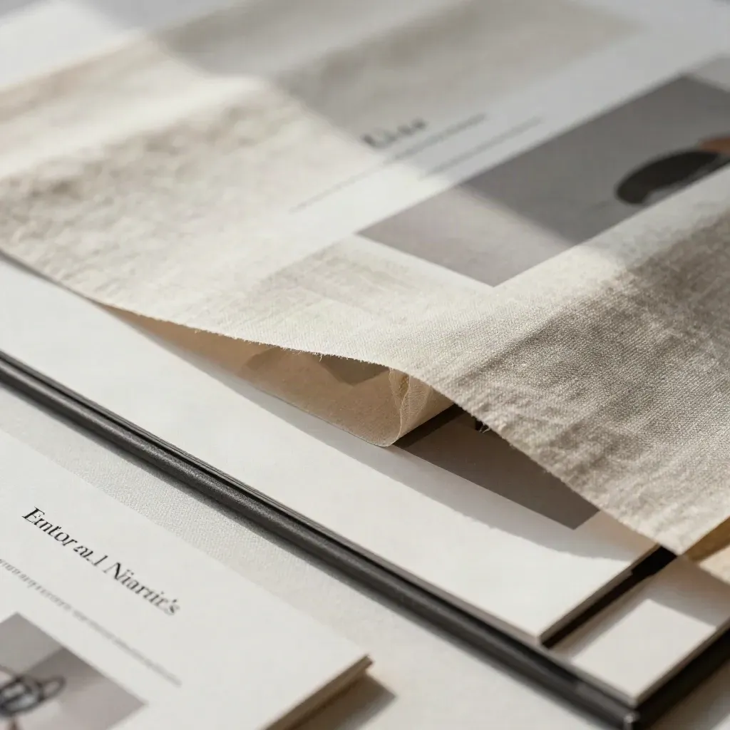 Macro of homepage design boards half-buried in pale linen with charcoal edges.