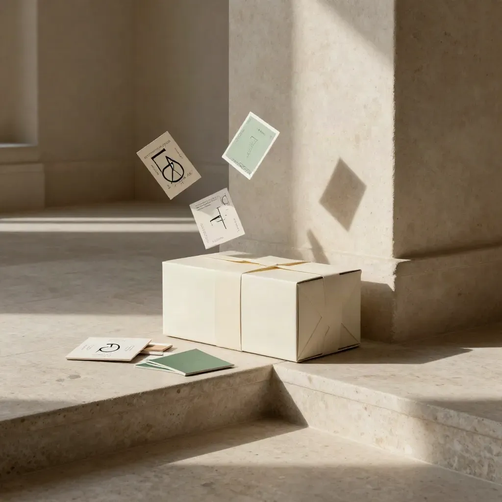 Cream launch box with cards and tiles sliding through a stone atrium in soft haze.