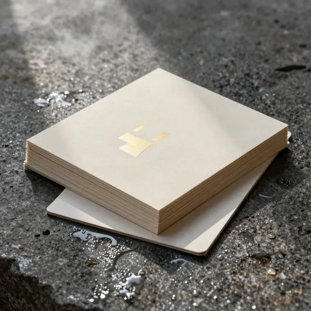 Wet-stone logo pack with die-cut mark tiles, matte board and two sample cards in hard side light.