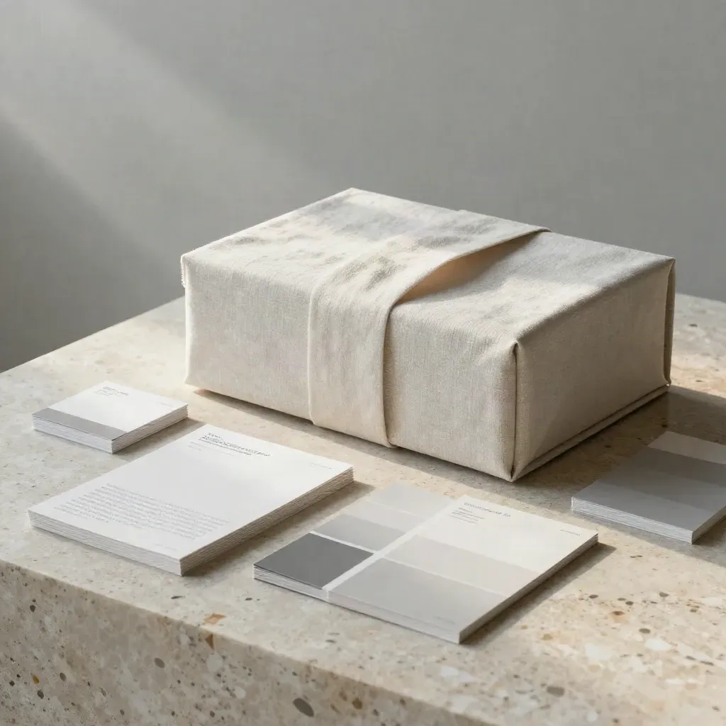 Luxury brand launch kit spread on travertine with linen box, mockups, swatches, and misty dawn light.