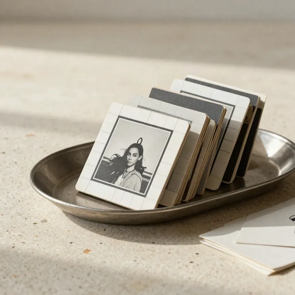 Suspended fan of warm-white social creative cards above a travertine tray, lit from the upper left.