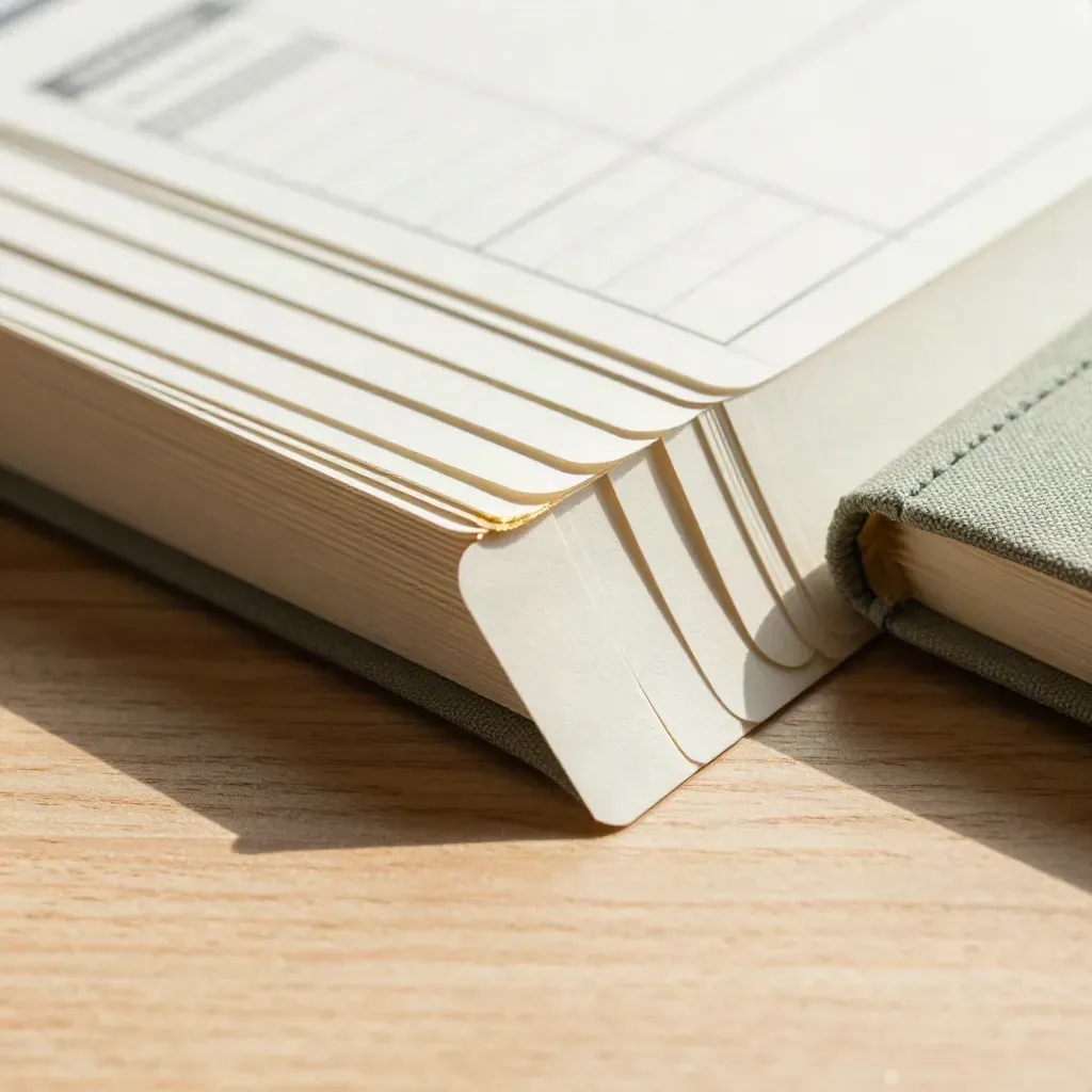 Macro flat lay of planning cards and a slim notebook on pale oak with raking light.