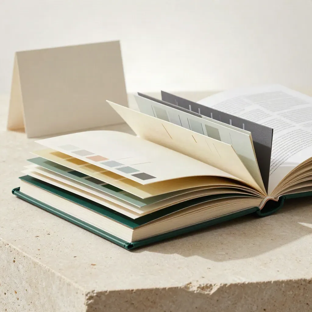 Open identity system binder with swatches and rule sheets on pale stone, softly lit