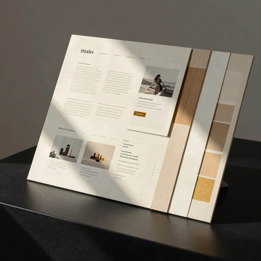 Oversized brand and website mockup boards, swatches, and ad tiles on a dark studio plinth