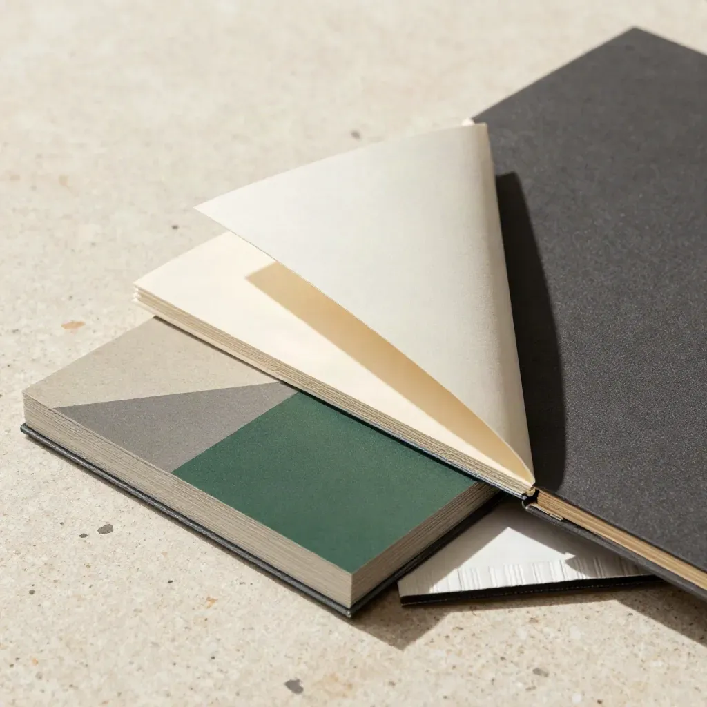 Macro of a brand audit bundle on travertine with cream sheets, color chips and a forest green folder.