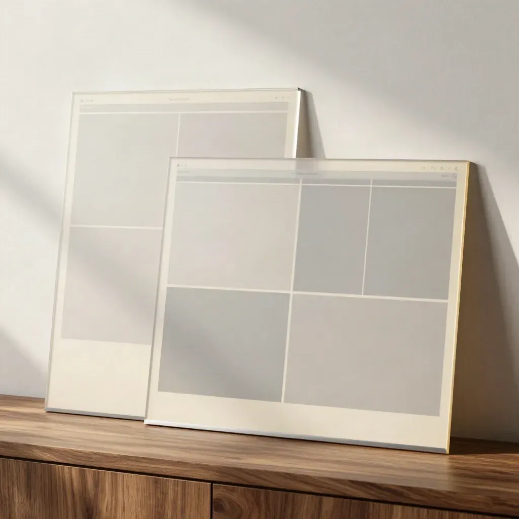 Two translucent homepage wireframe panels on warm walnut, softly lit in a clean studio.