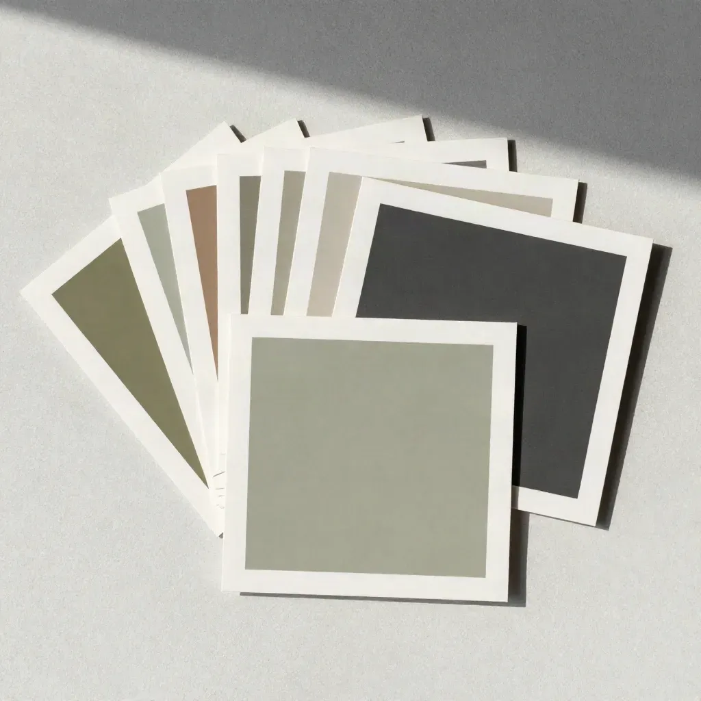 Overhead flatlay of square Instagram post mockup tiles and crop cards on pale concrete.