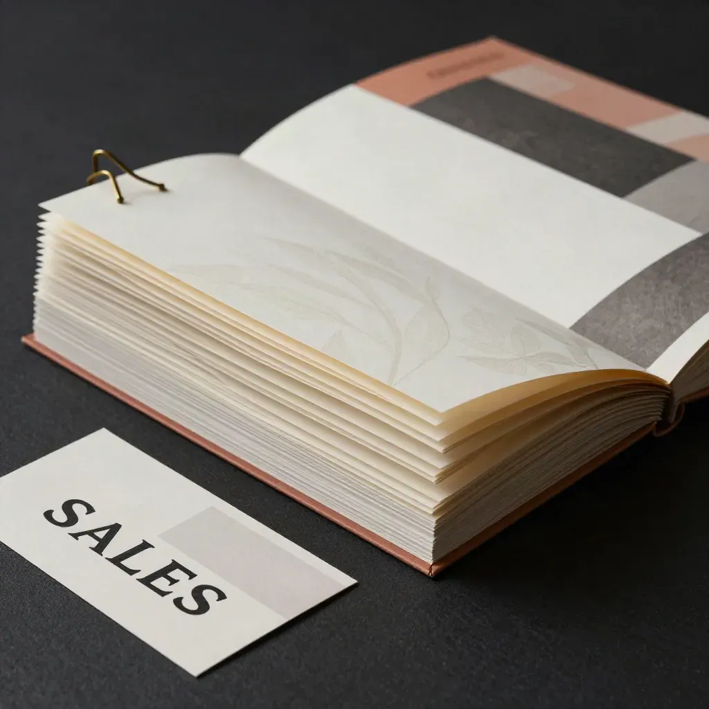 Accordion-fold sales page copy bundle with brass clip on a dark studio surface