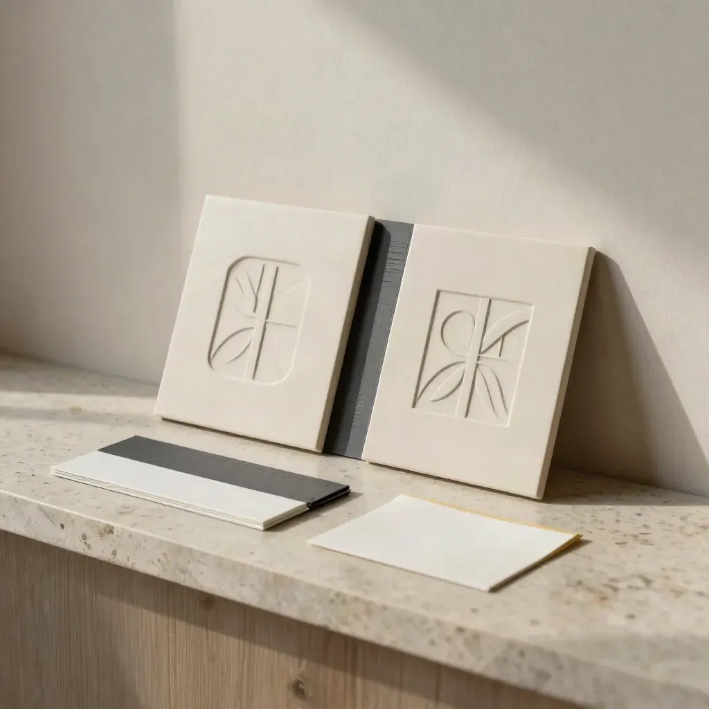 Hinged logo proof board with two abstract mark tiles and a sealed swatch on travertine.