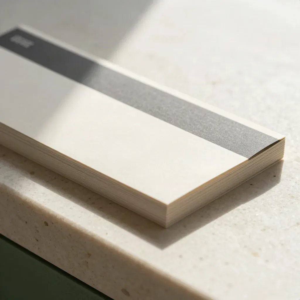 Macro stack of email header strips and a slim board on pale travertine