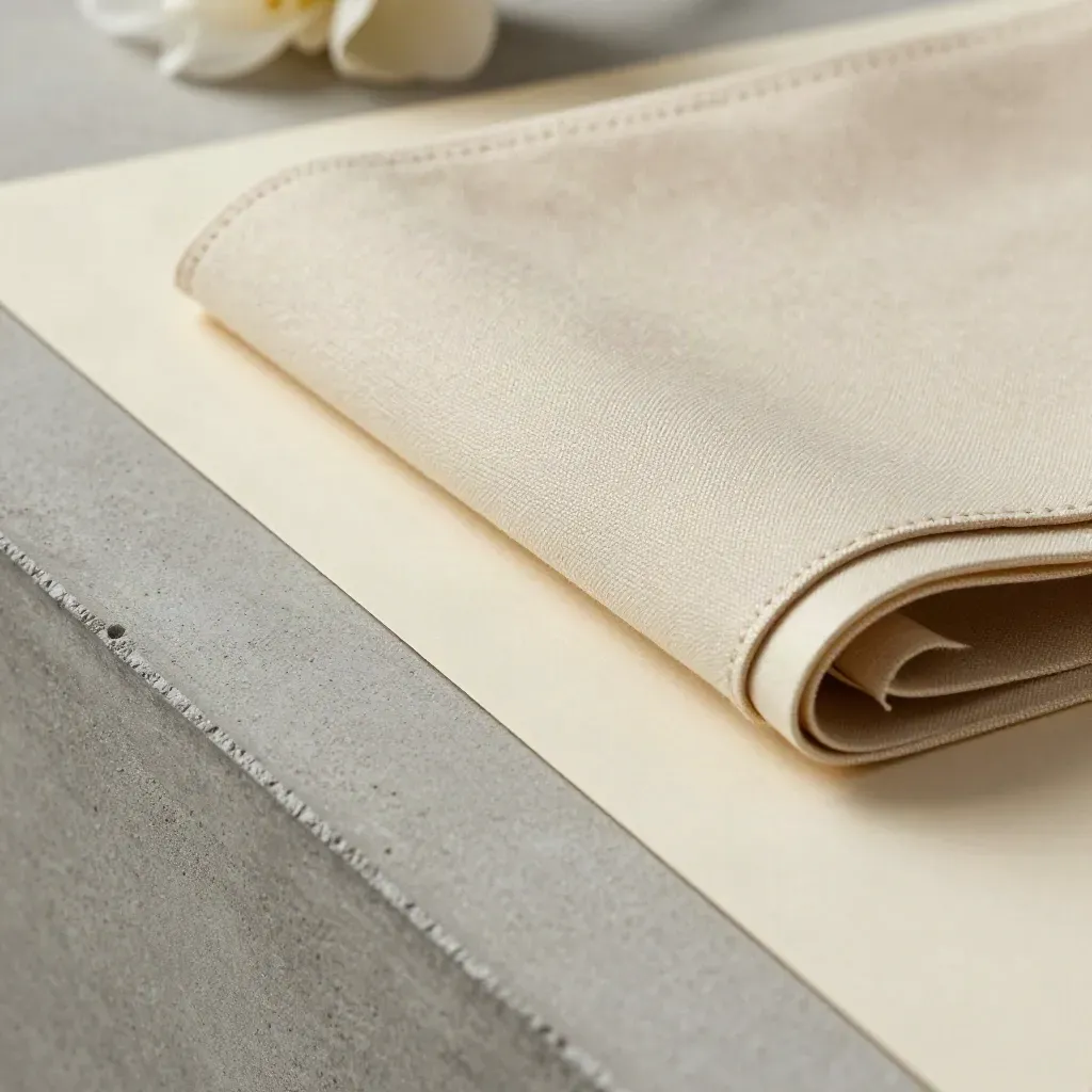 Macro of layered launch banner materials with a folded carry sleeve and soft gold edge light.