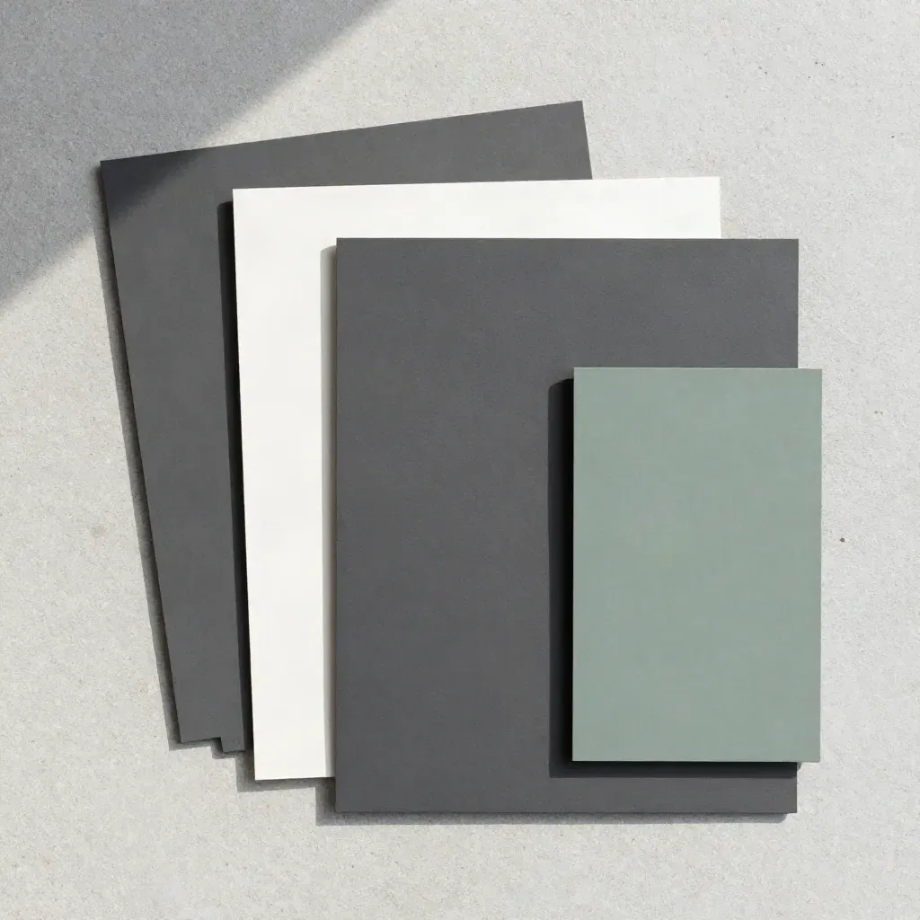 Flatlay of four staggered ad comp boards on pale concrete with a long shadow.