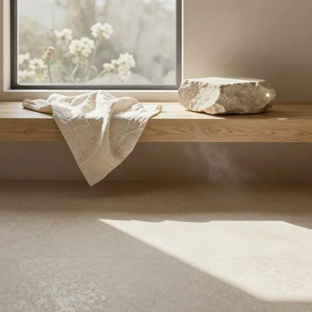 Travertine interior with pale wood ledge, folded linen and a sculptural stone block.