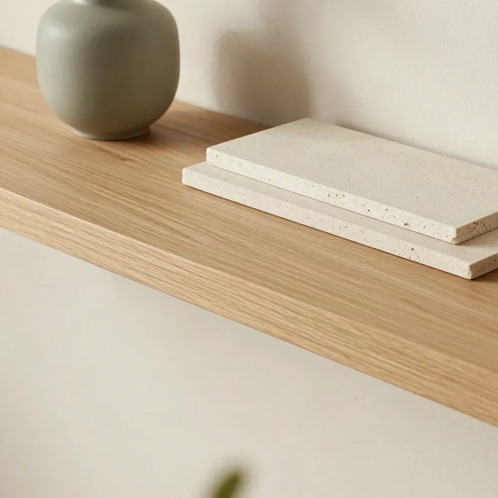 Brushed oak, plaster wall, ceramic vessel, and stone slabs with soft daylight and calm copy space.