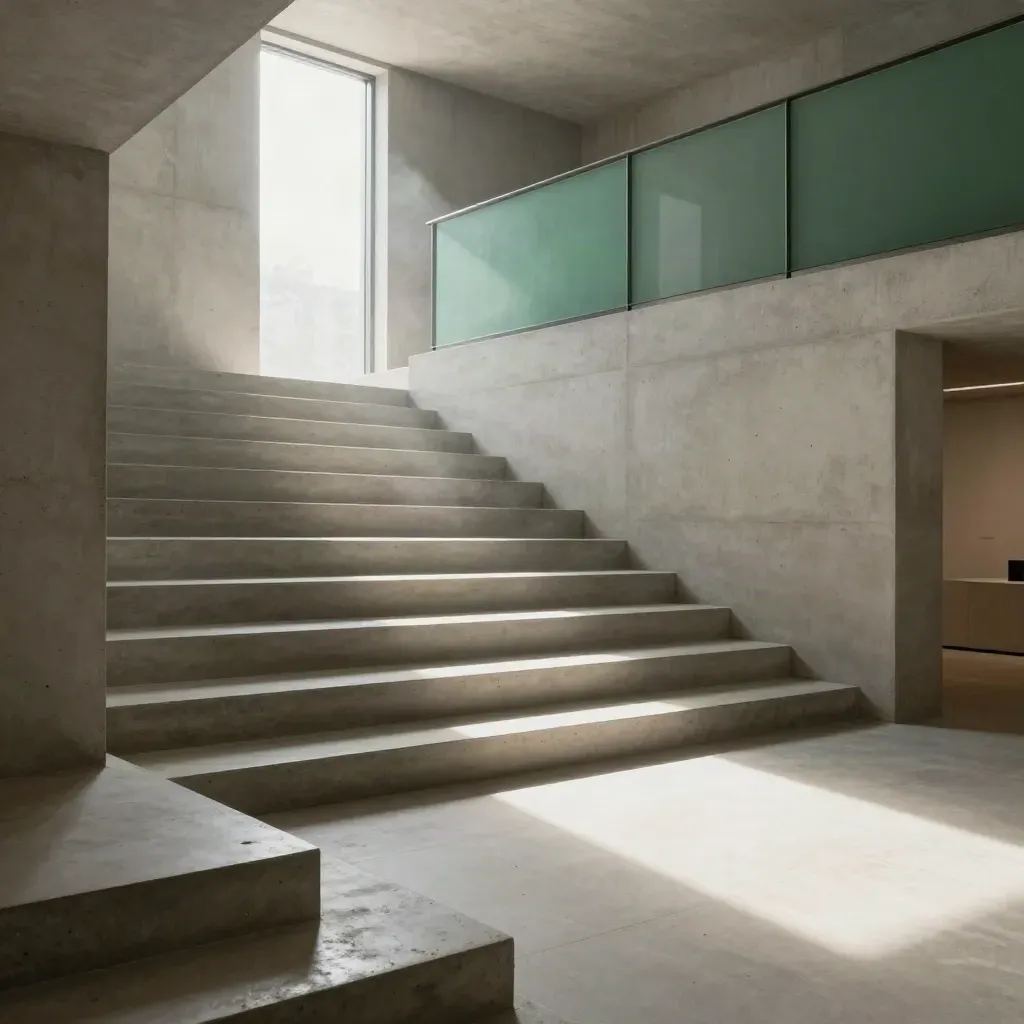 Sunlit concrete stair hall with a bright landing and calm copy space below