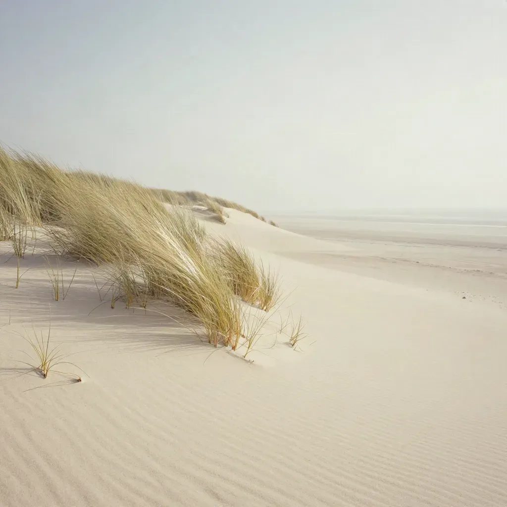 Wind-brushed dune edge with pale grasses and sea mist under a washed sky