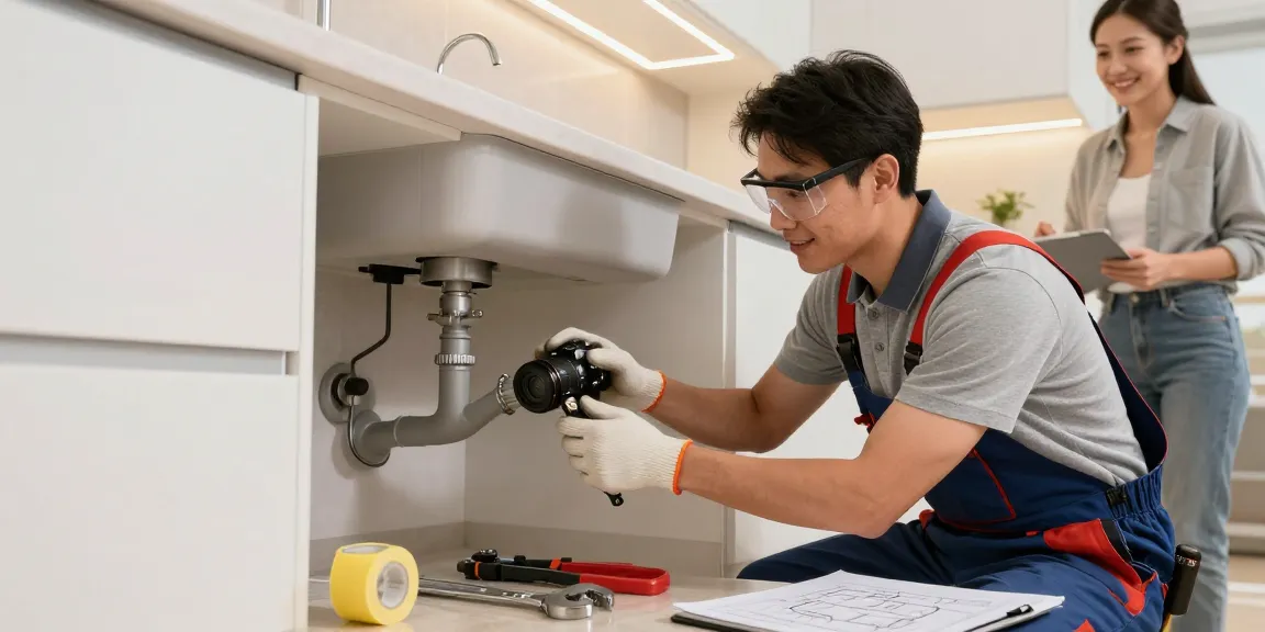 Professional plumber fixing a kitchen leak with tools in a modern home.