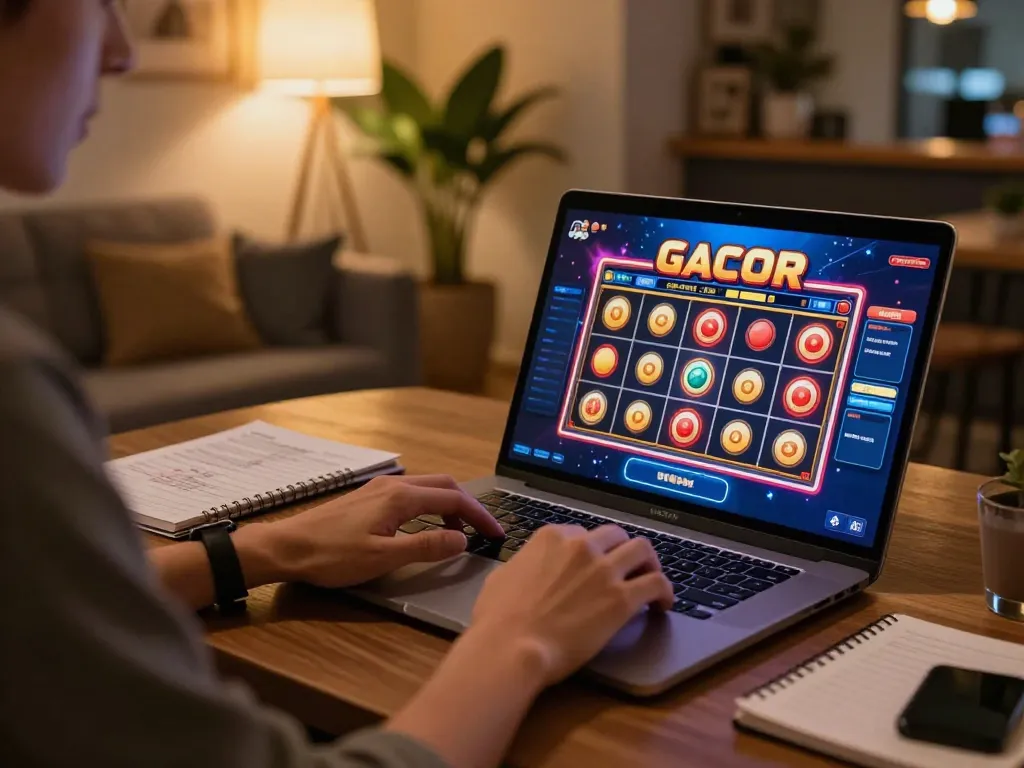 Engaging online slot gacor game setup featuring a player focused on the screen, showcasing strategic gameplay.