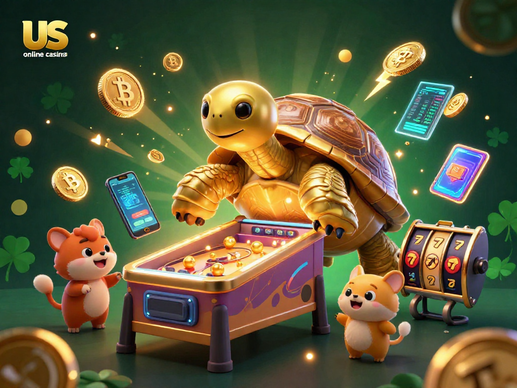 Play exciting games at us online casinos with a lively scene of a golden tortoise pinball machine.