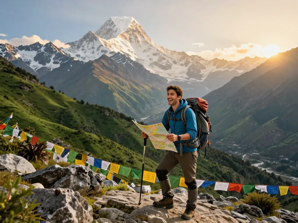 Annapurna Circuit trekking adventure with a traveler enjoying scenic mountain views and rich landscapes.